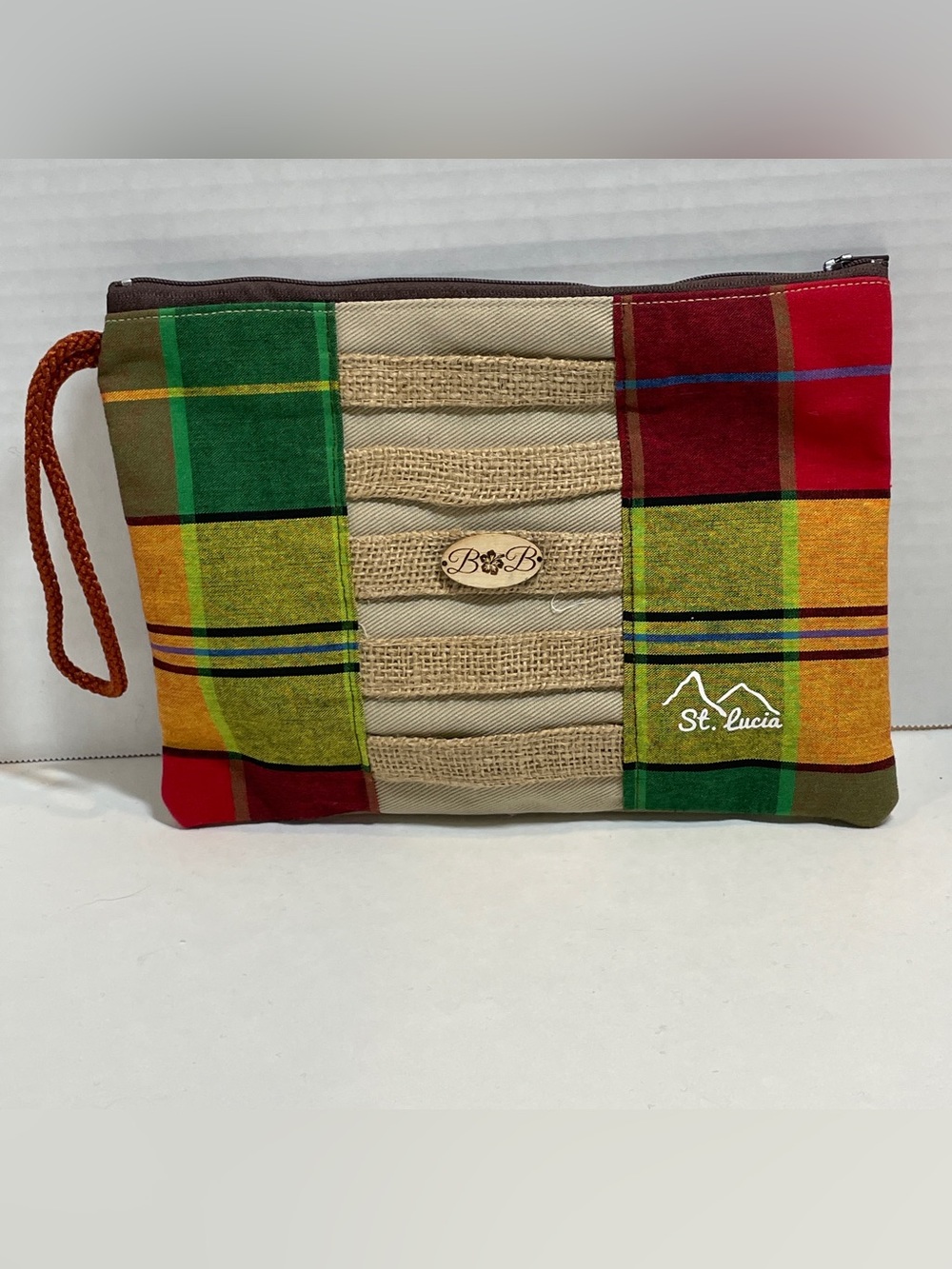 Handwoven Clutch Bag Purse Boho St Lucia Handmade, B & B, Burlap Madras, Canvas